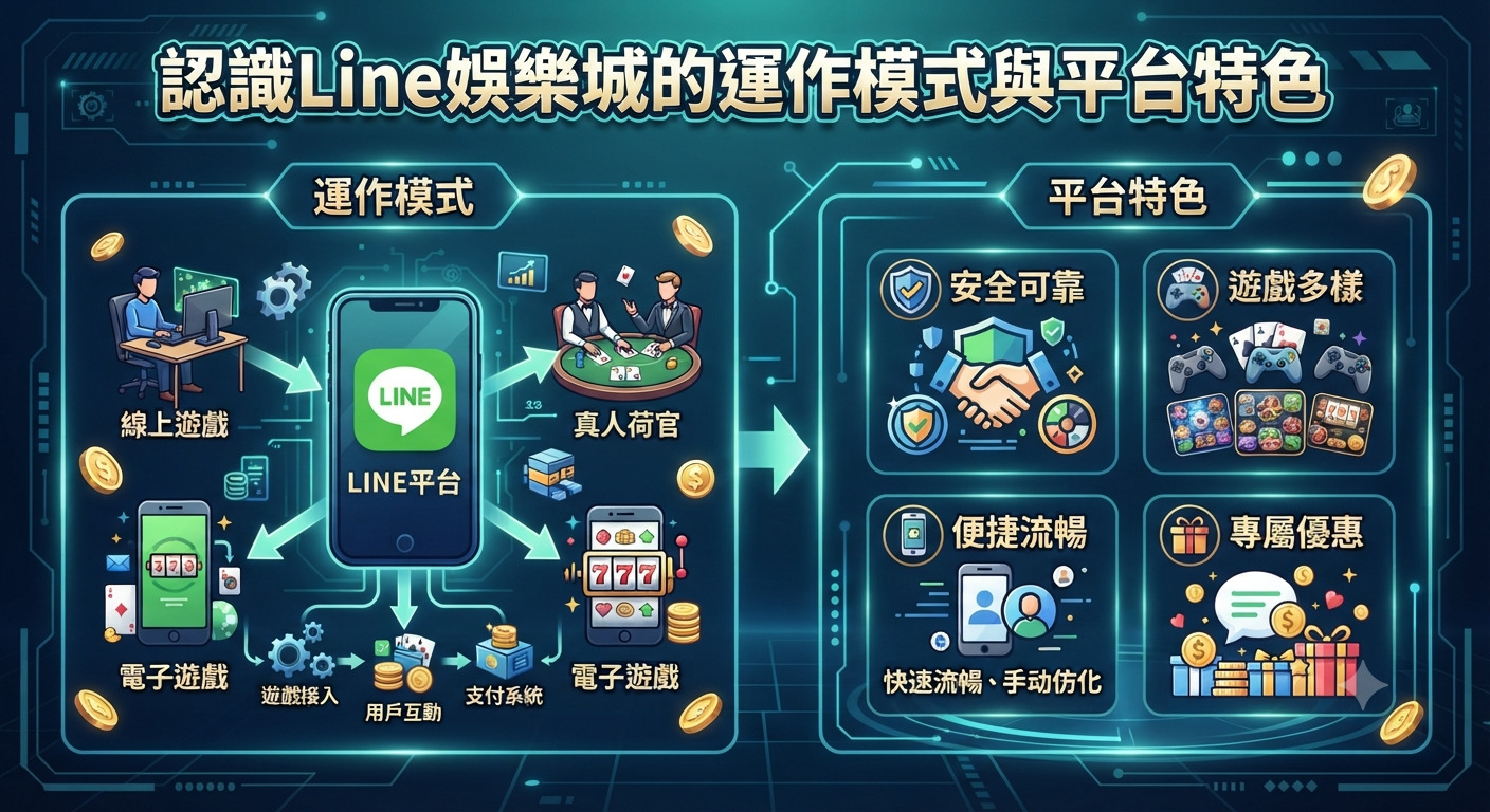 這張圖片的主題是「認識Line娛樂城的運作模式與平台特色」。 內容透過圖表與科技感設計,展示了Line平台的遊戲運作機制以及其安全可靠、遊戲多樣等四大特色。