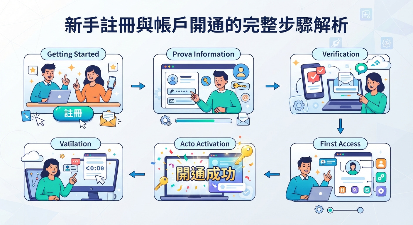 這張圖片是一個以藍色系為主視覺的插畫流程圖,頂部帶有「新手註冊與帳戶開通的完整步驟解析」的標題。 圖中透過六個帶有卡通人物互動的步驟面板,生動展示了從開始註冊、填寫資料、身分驗證到帳戶開通成功的完整過程。